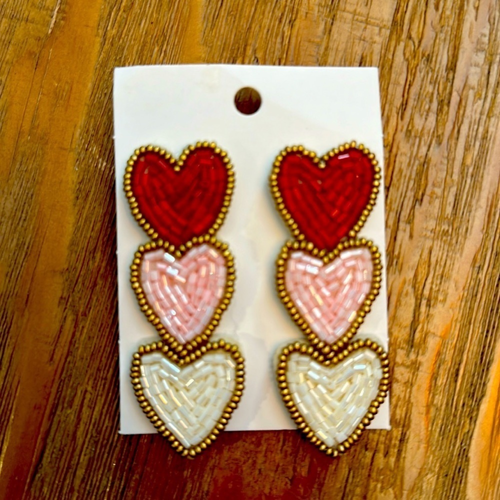 Heart earrings….Red pink white hearts sewn sequin on fabric! Valentine’s day